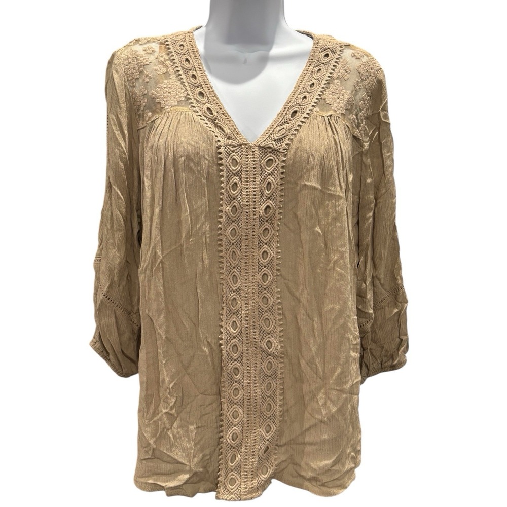 New Directions Petite Lace Trim Peasant Top Beige Tan Crochet Boho Flowy‎ Large